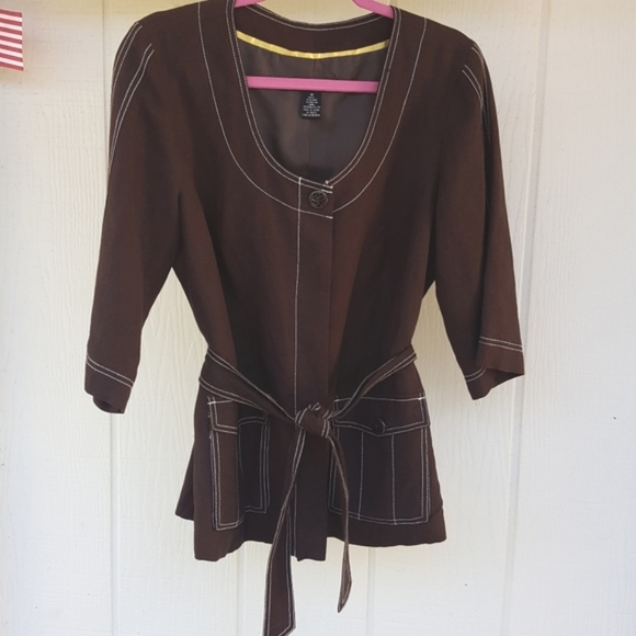 10 SCOTT TAYLOR LINED DARK BROWN BOLD WHITE STITCH BELTED UTILITY JACKET - Picture 3 of 16